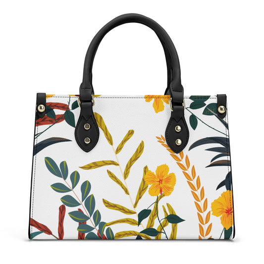 White Floral Artistry: PU Leather Fashion Handbag with Flower Art Print