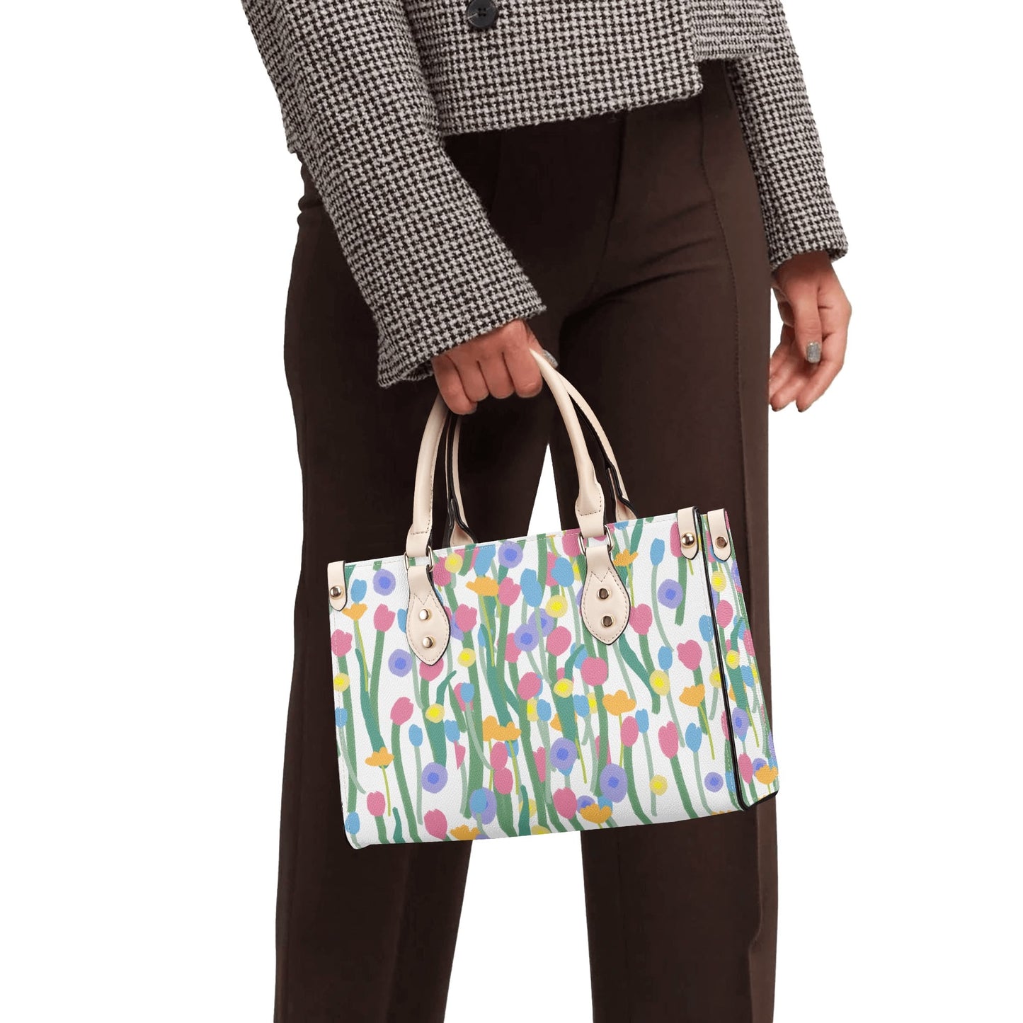 Floral Artistry: PU Leather Fashion Handbag with Flower Art Print