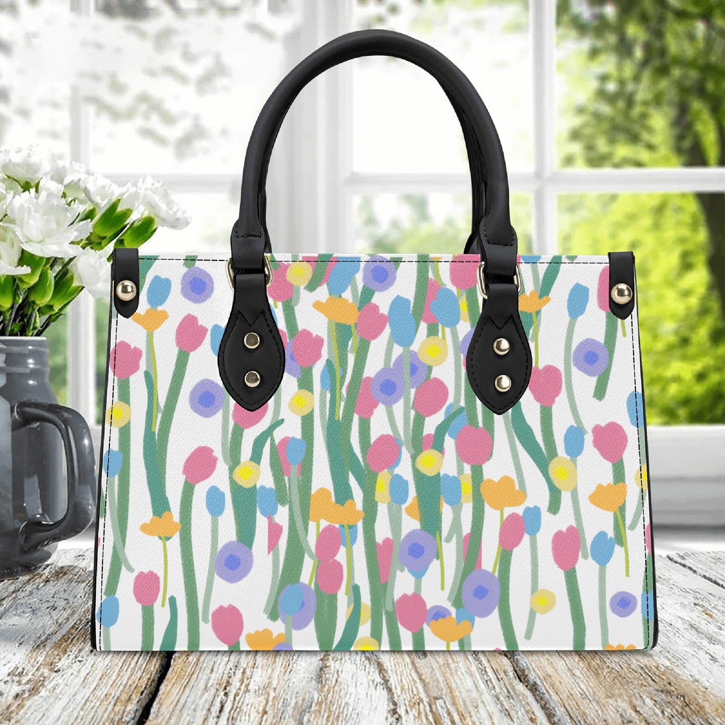 Floral Artistry: PU Leather Fashion Handbag with Flower Art Print