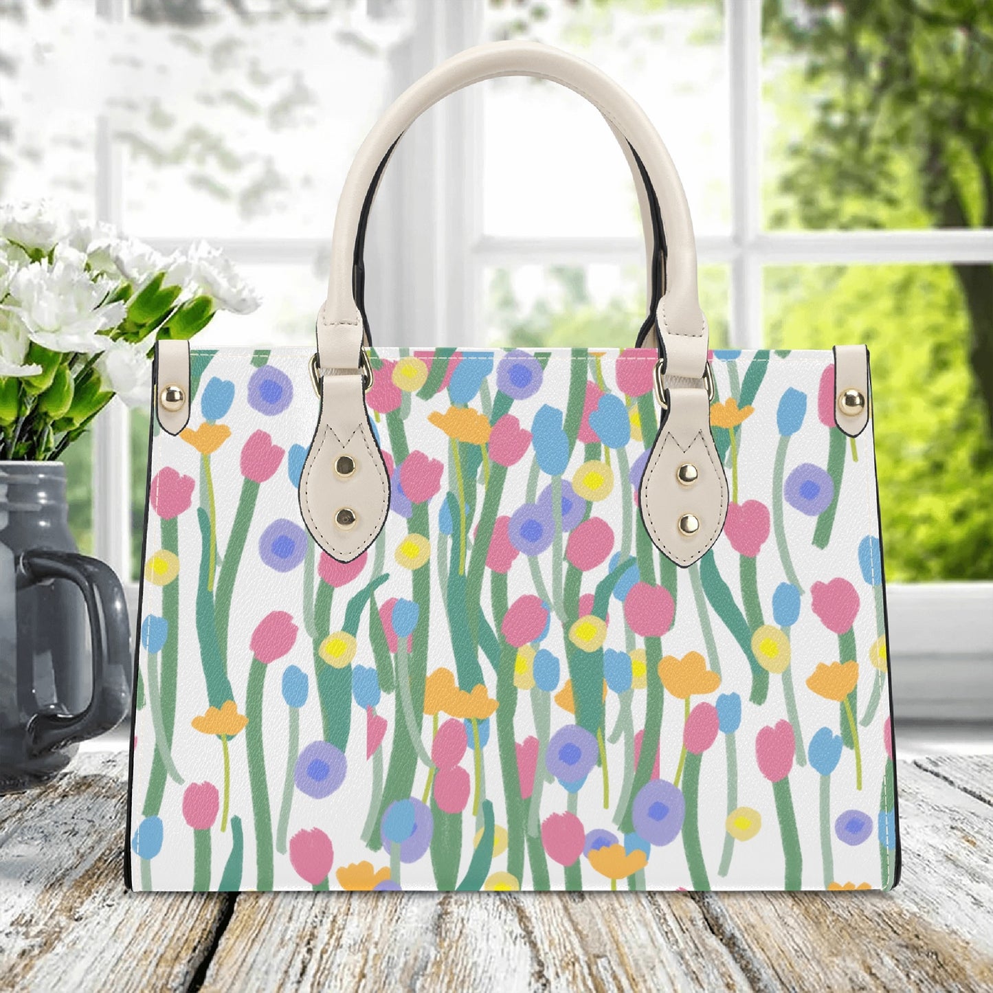 Floral Artistry: PU Leather Fashion Handbag with Flower Art Print