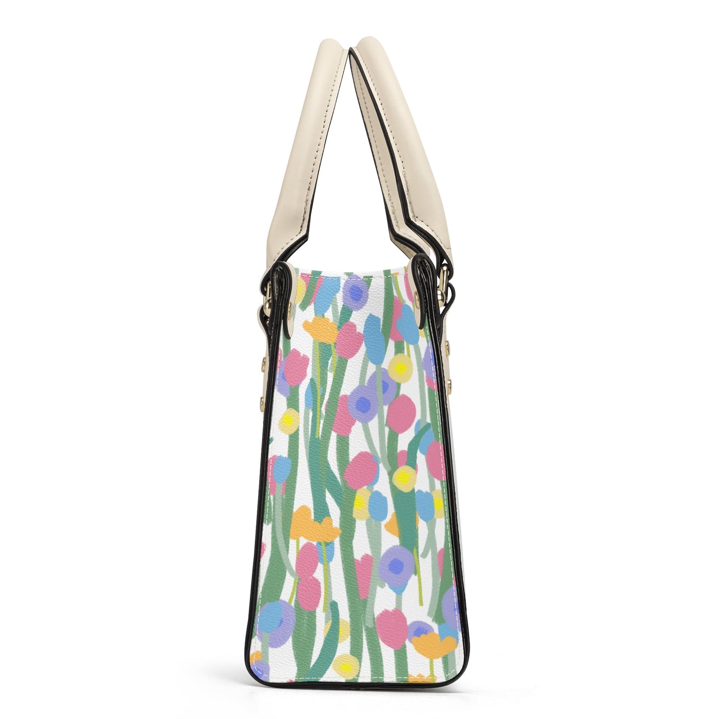 Floral Artistry: PU Leather Fashion Handbag with Flower Art Print