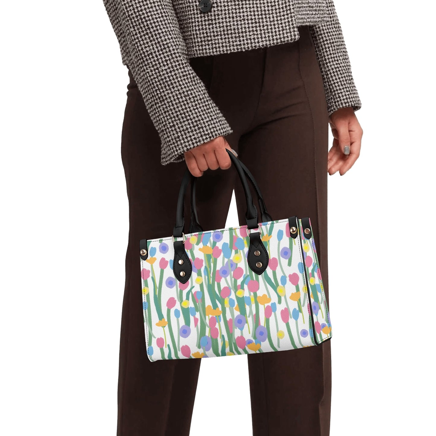 Floral Artistry: PU Leather Fashion Handbag with Flower Art Print