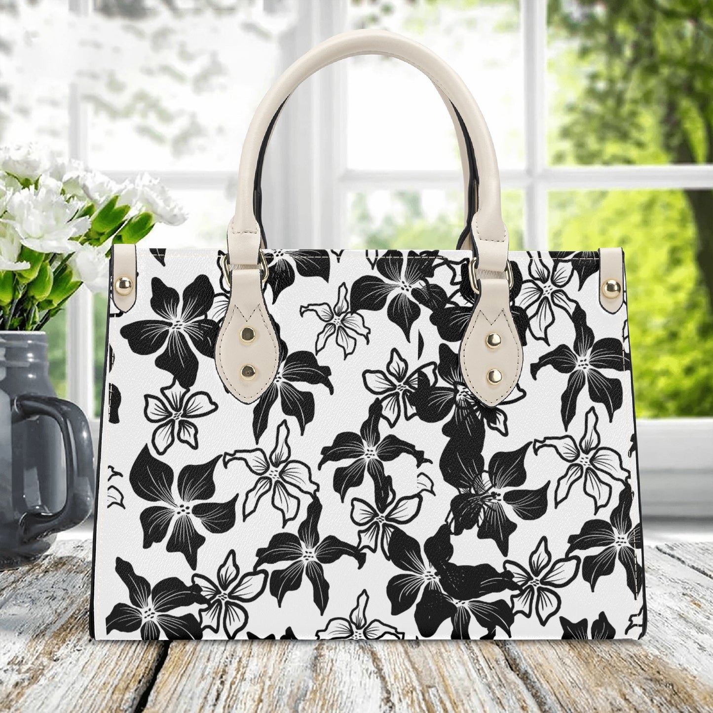 Black Flower Elegance: PU Leather Fashion Handbag