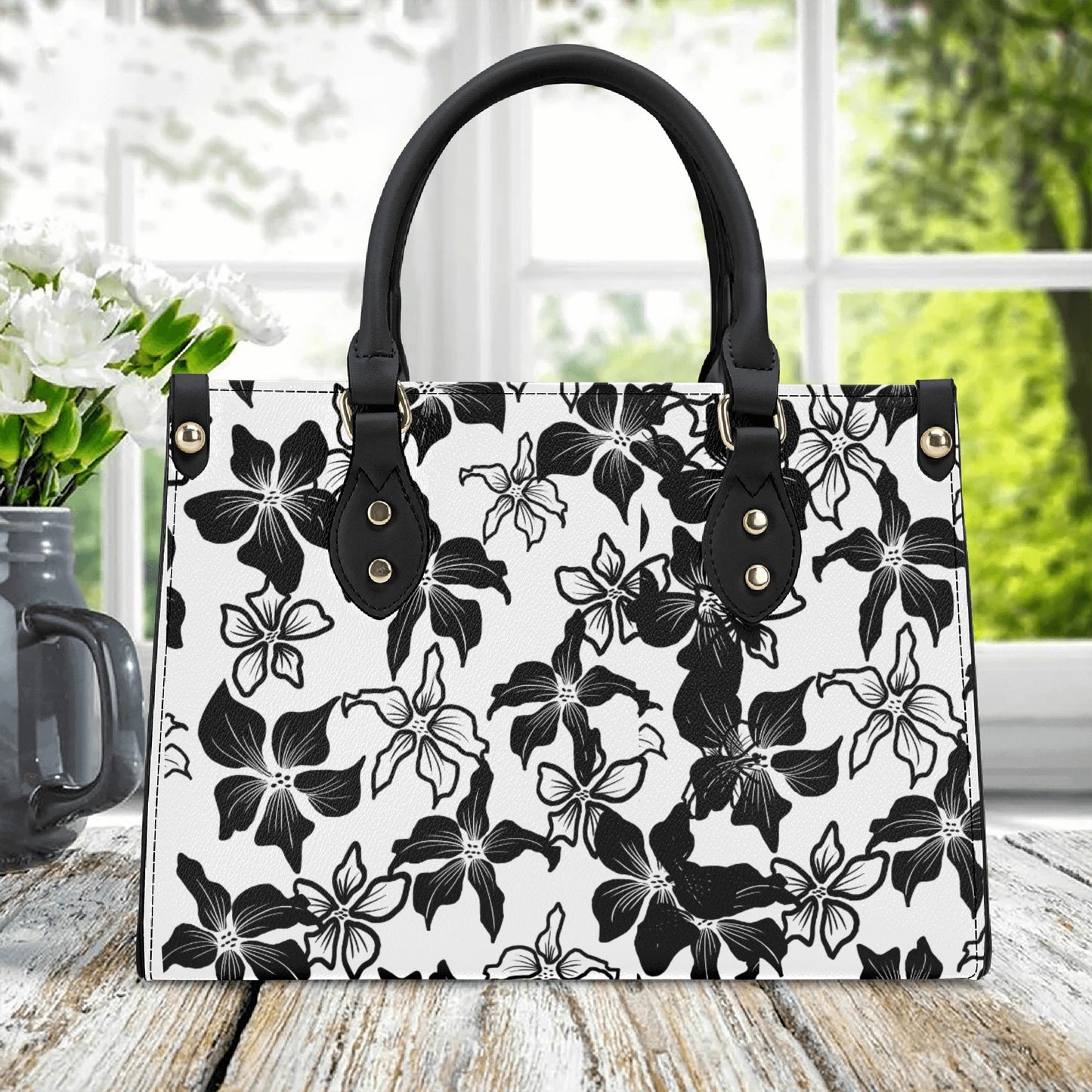 Black Flower Elegance: PU Leather Fashion Handbag