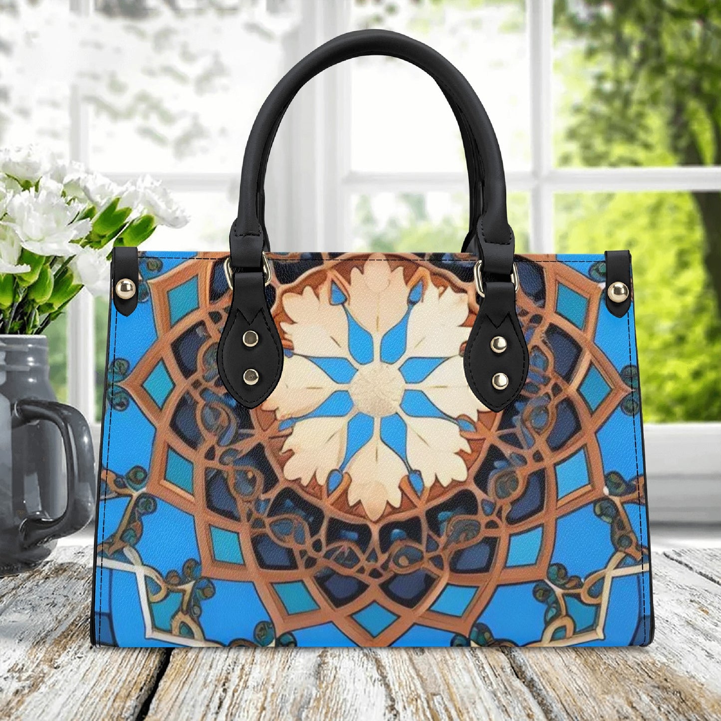 Artistic Elegance: Blue Base Art  Print PU Leather Fashion Handbag for Women