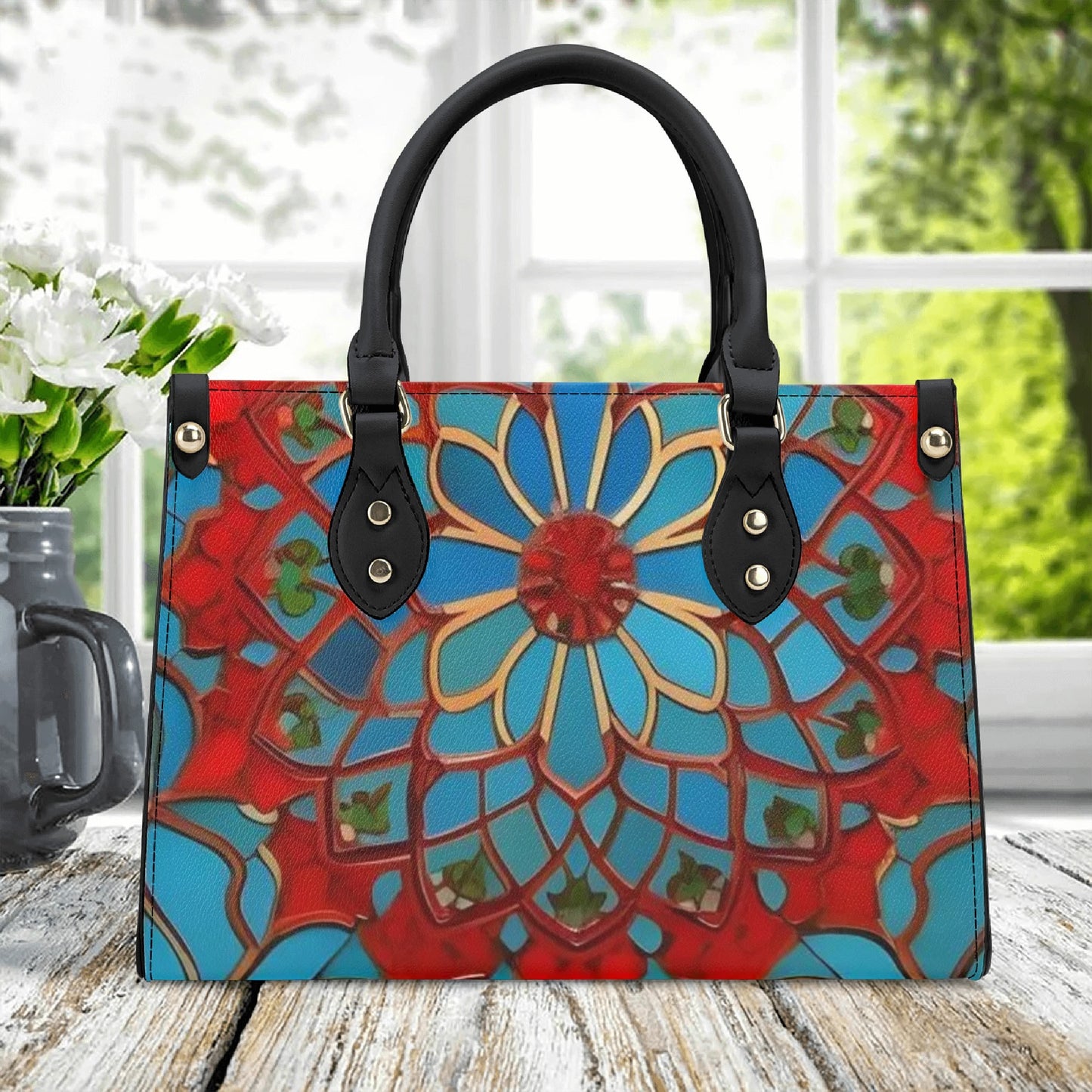 Artistic Elegance: Blue\Red Print PU Leather Fashion Handbag for Women