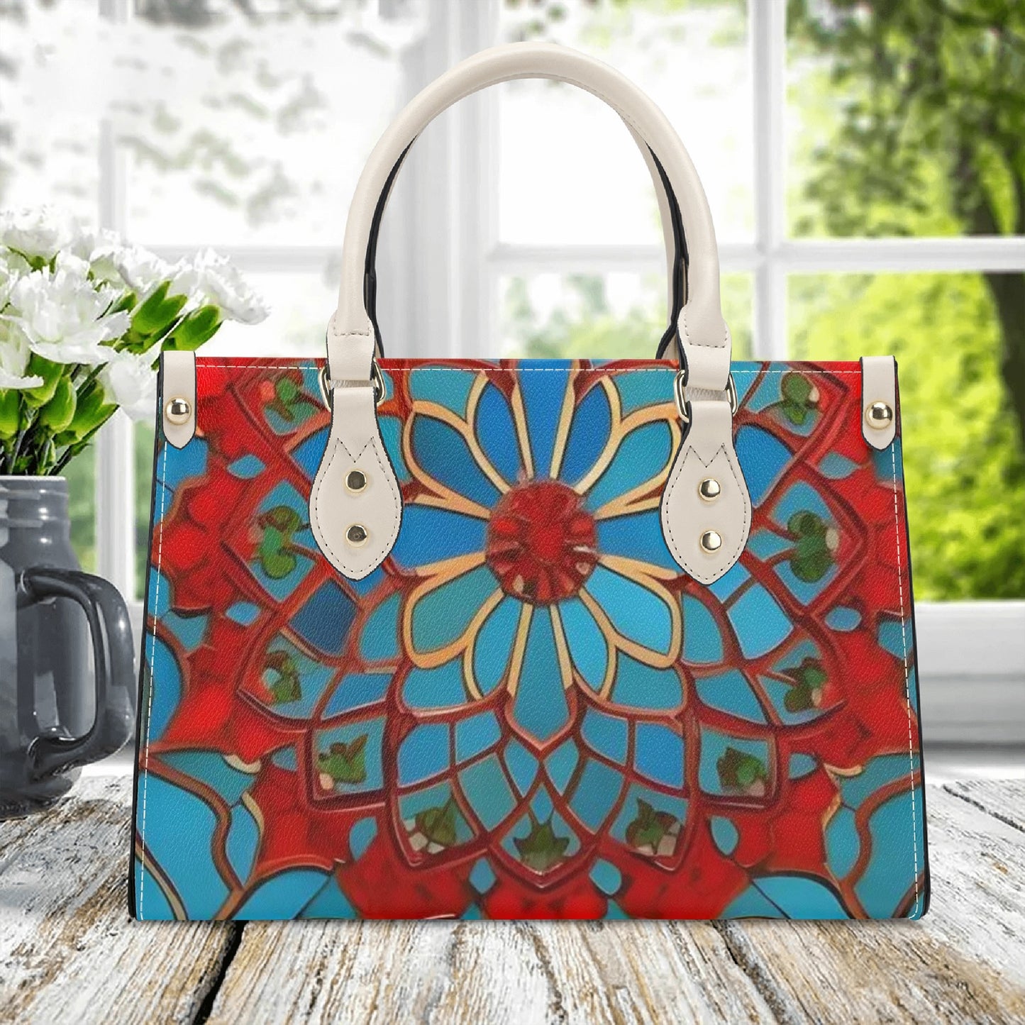 Artistic Elegance: Blue\Red Print PU Leather Fashion Handbag for Women