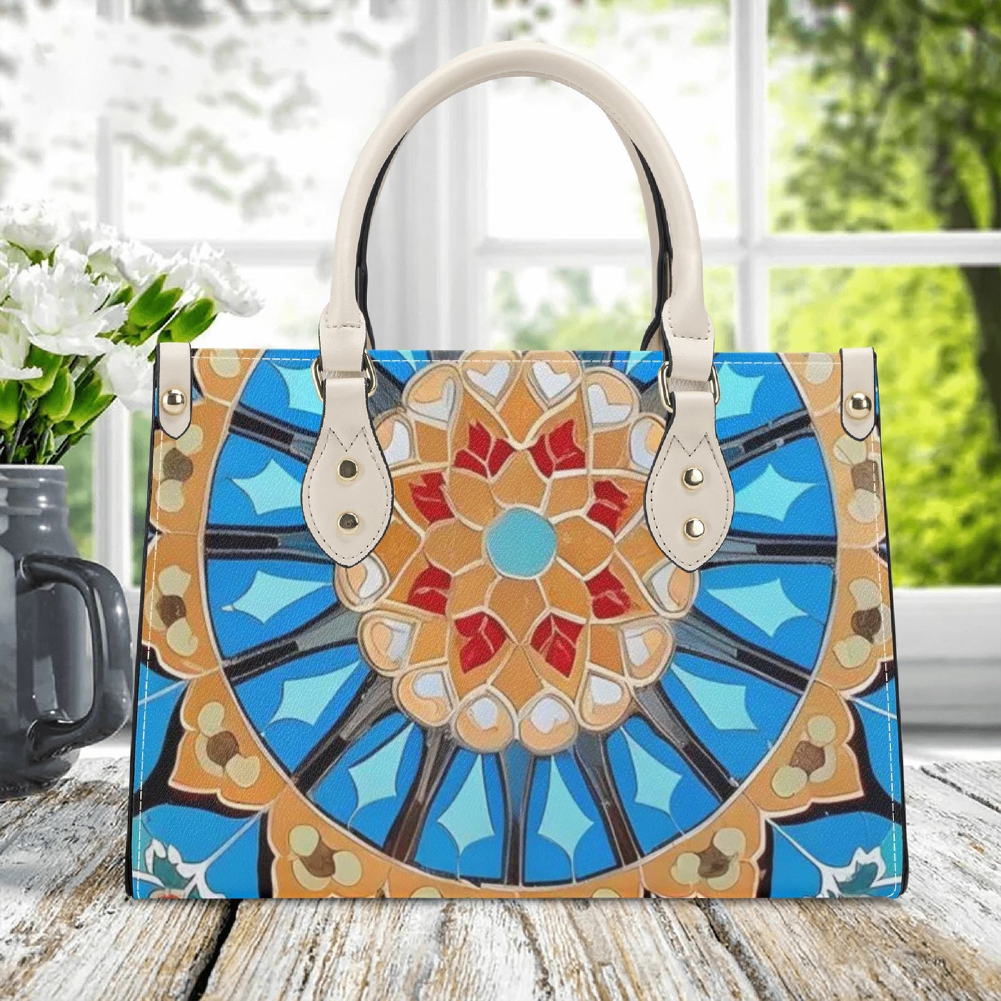 Artistic Elegance: Light Blue Art Print PU Leather Fashion Handbag