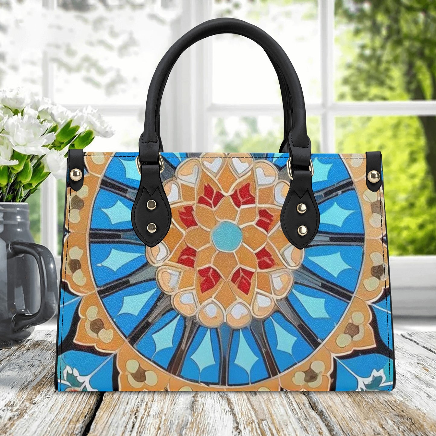 Artistic Elegance: Light Blue Art Print PU Leather Fashion Handbag