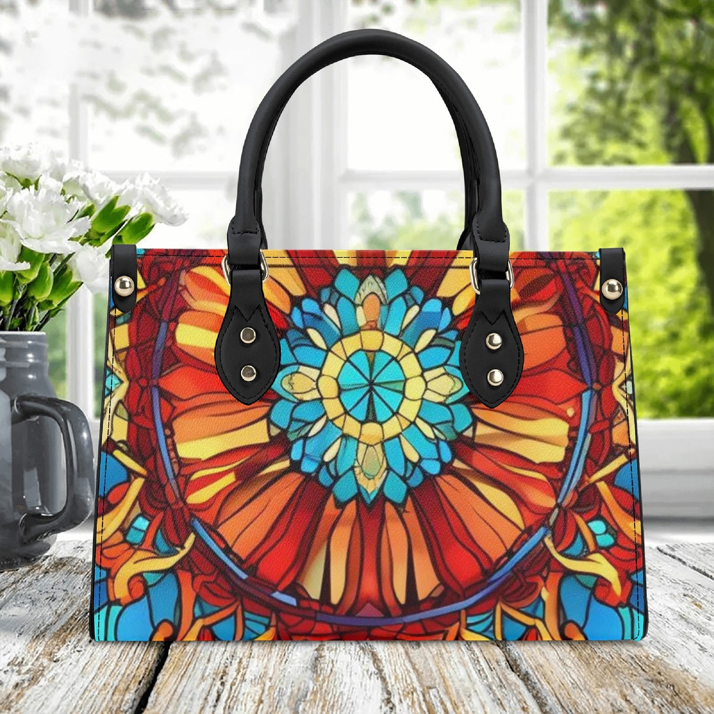 “Artistic Elegance: Red Base Print PU Leather Fashion Handbag for Women”