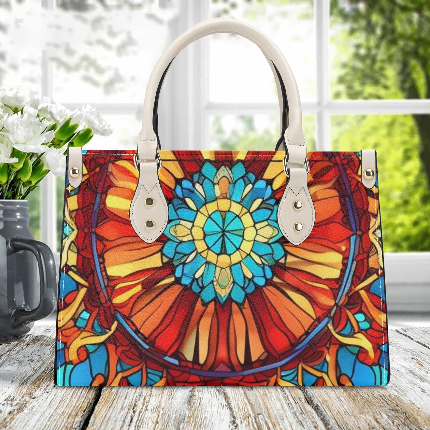 “Artistic Elegance: Red Base Print PU Leather Fashion Handbag for Women”