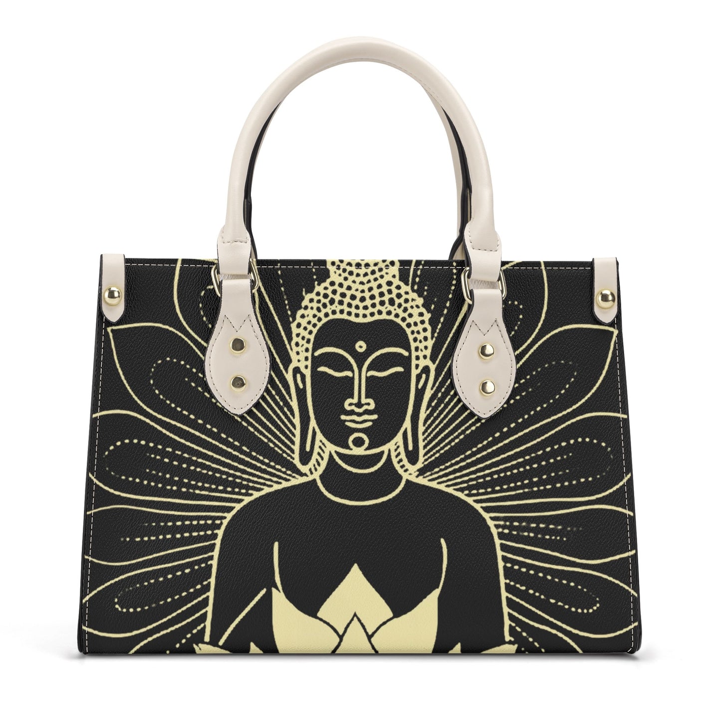 Golden Blossom Buddha: Black PU Leather Handbag