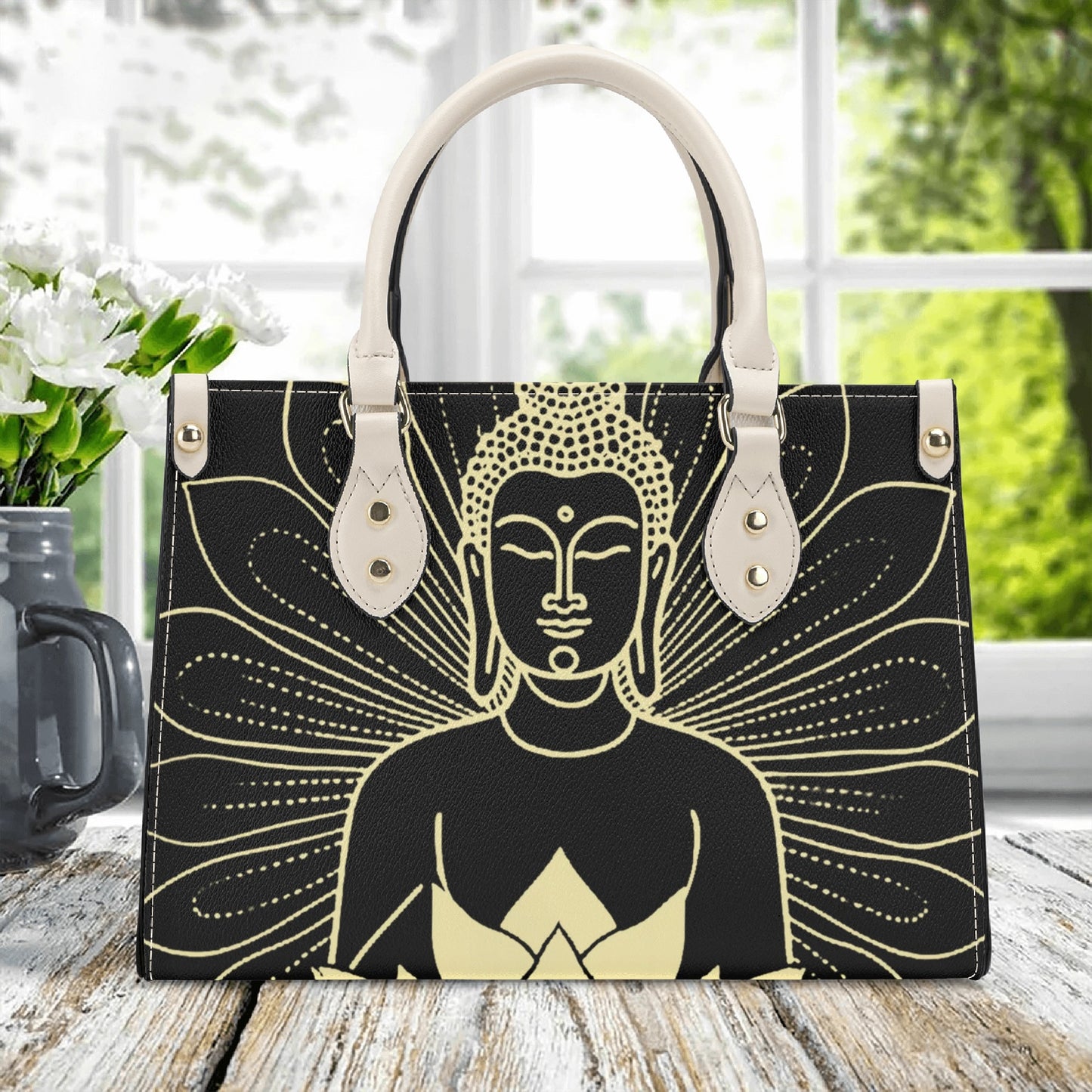 Golden Blossom Buddha: Black PU Leather Handbag