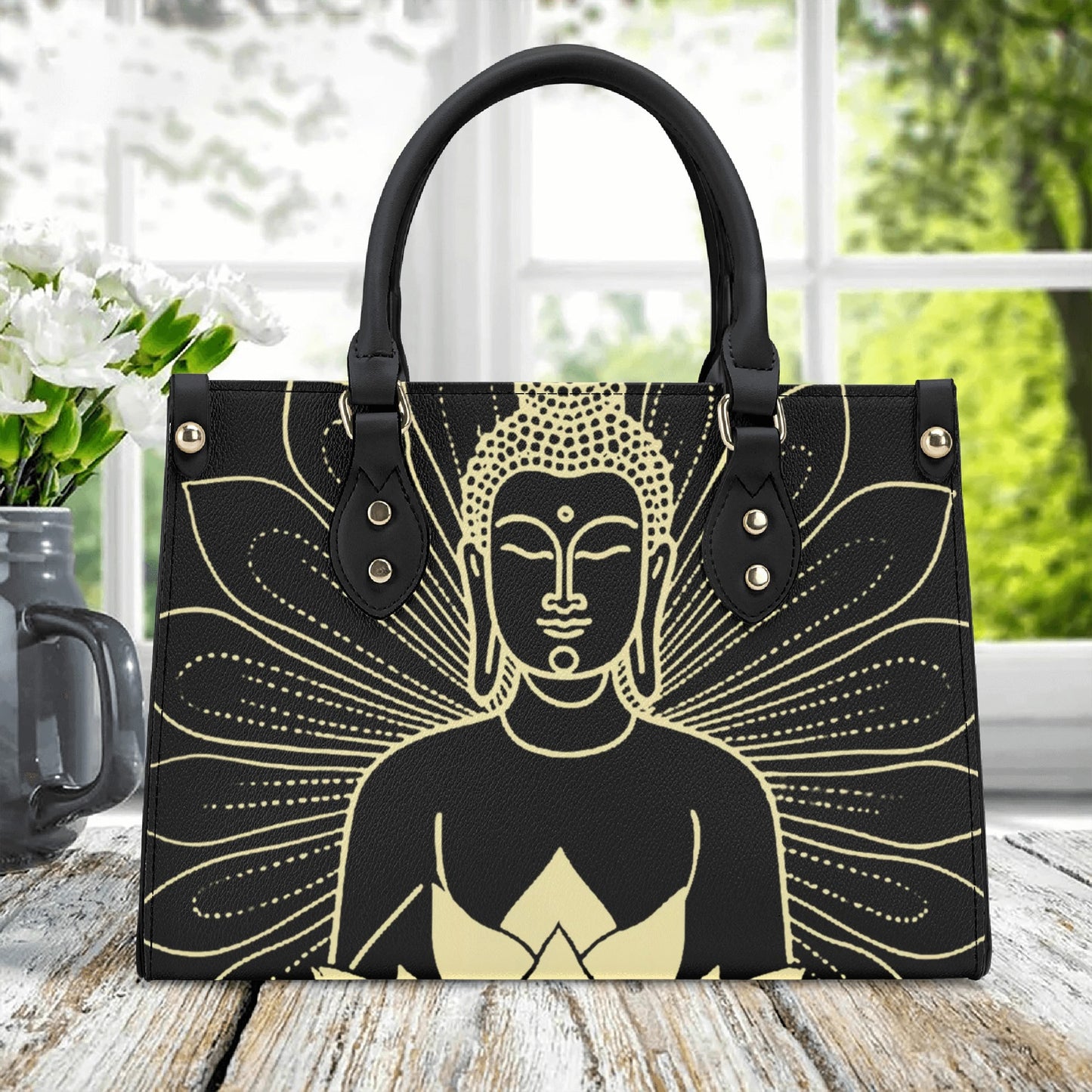 Golden Blossom Buddha: Black PU Leather Handbag