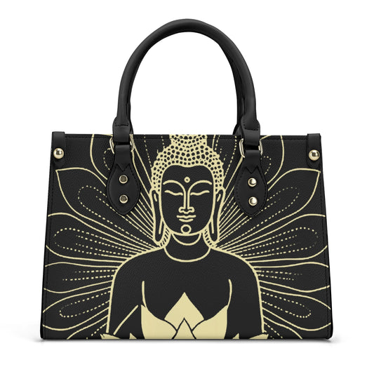 Golden Blossom Buddha: Black PU Leather Handbag