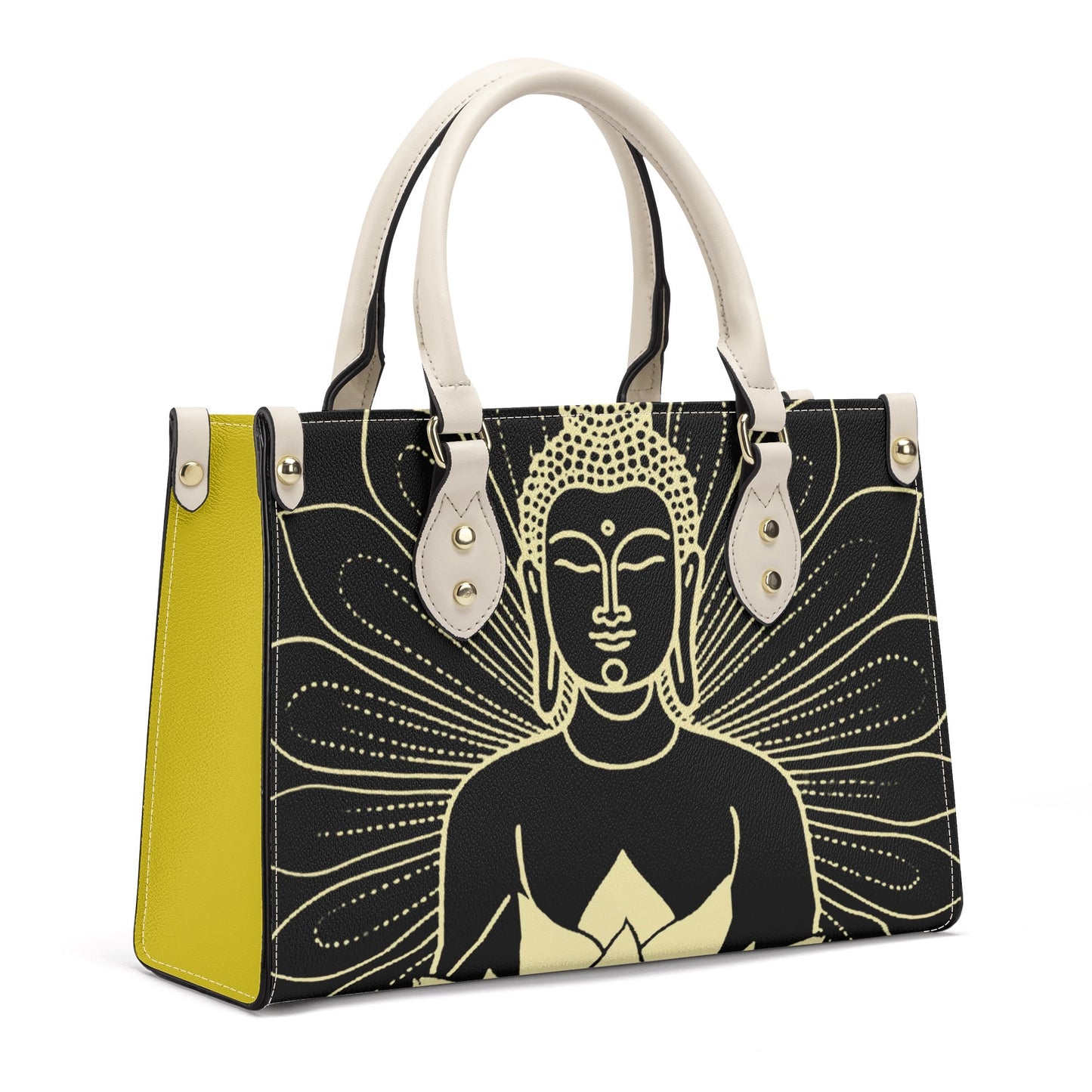 Golden Blossom Buddha: Black PU Leather Handbag