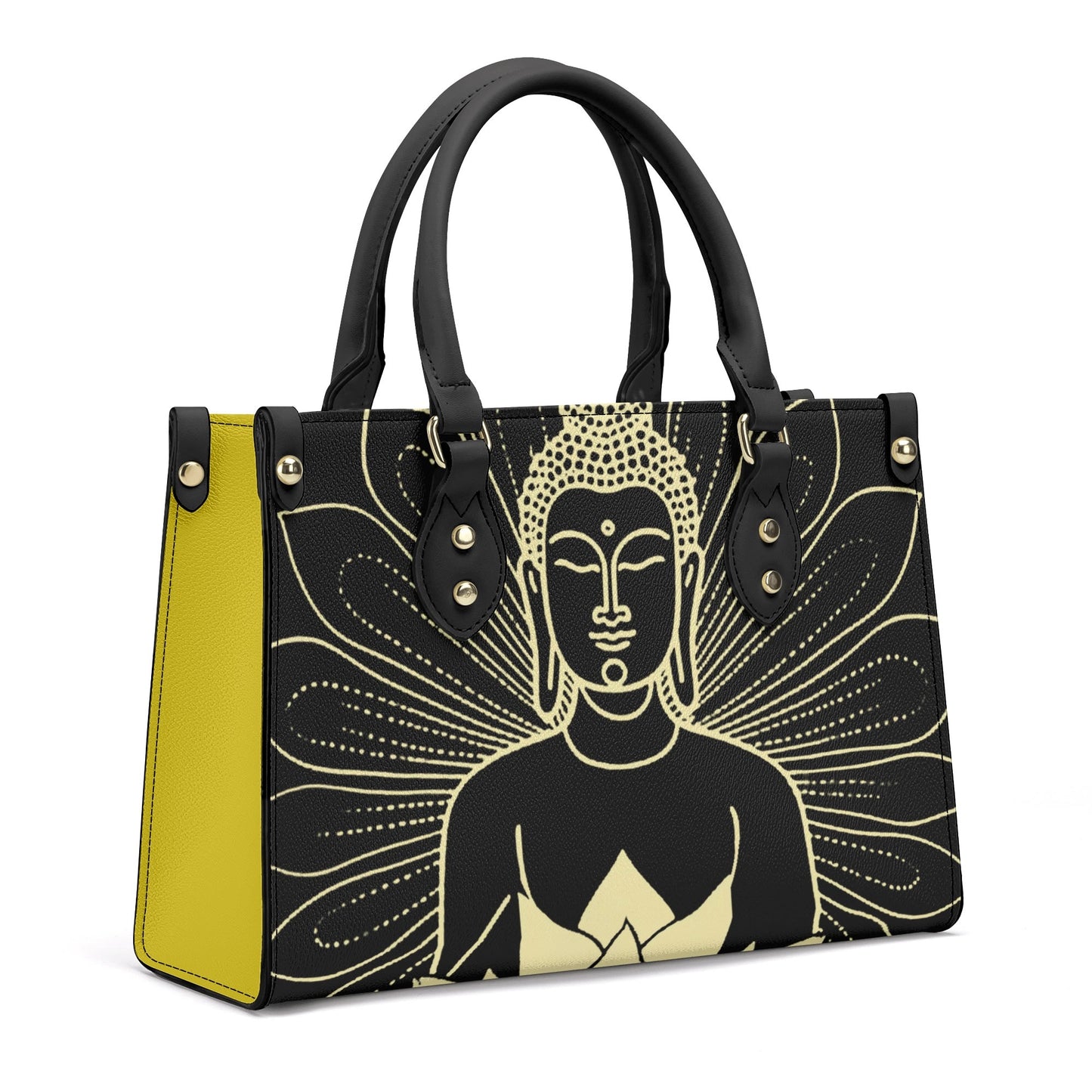 Golden Blossom Buddha: Black PU Leather Handbag