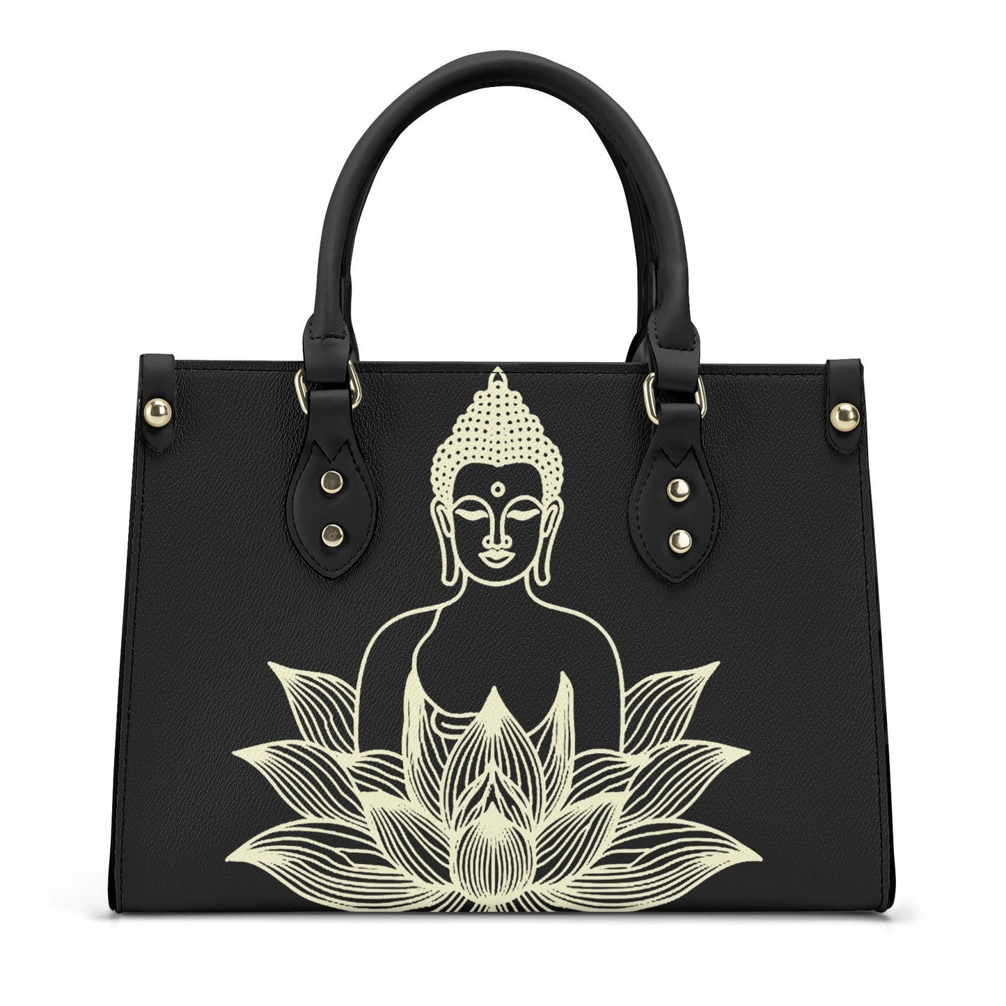 Golden Buddha Elegance: Black PU Leather Handbag