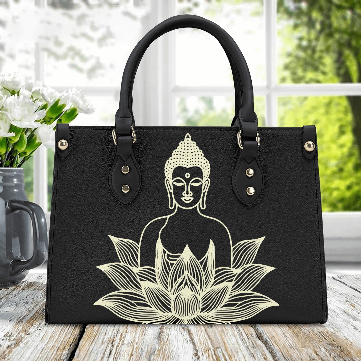 Golden Buddha Elegance: Black PU Leather Handbag