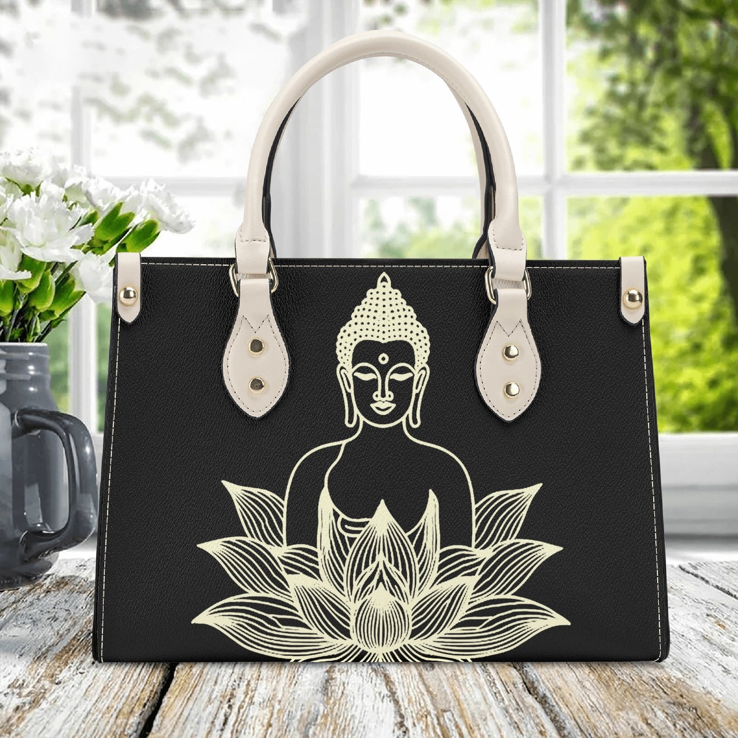 Golden Buddha Elegance: Black PU Leather Handbag