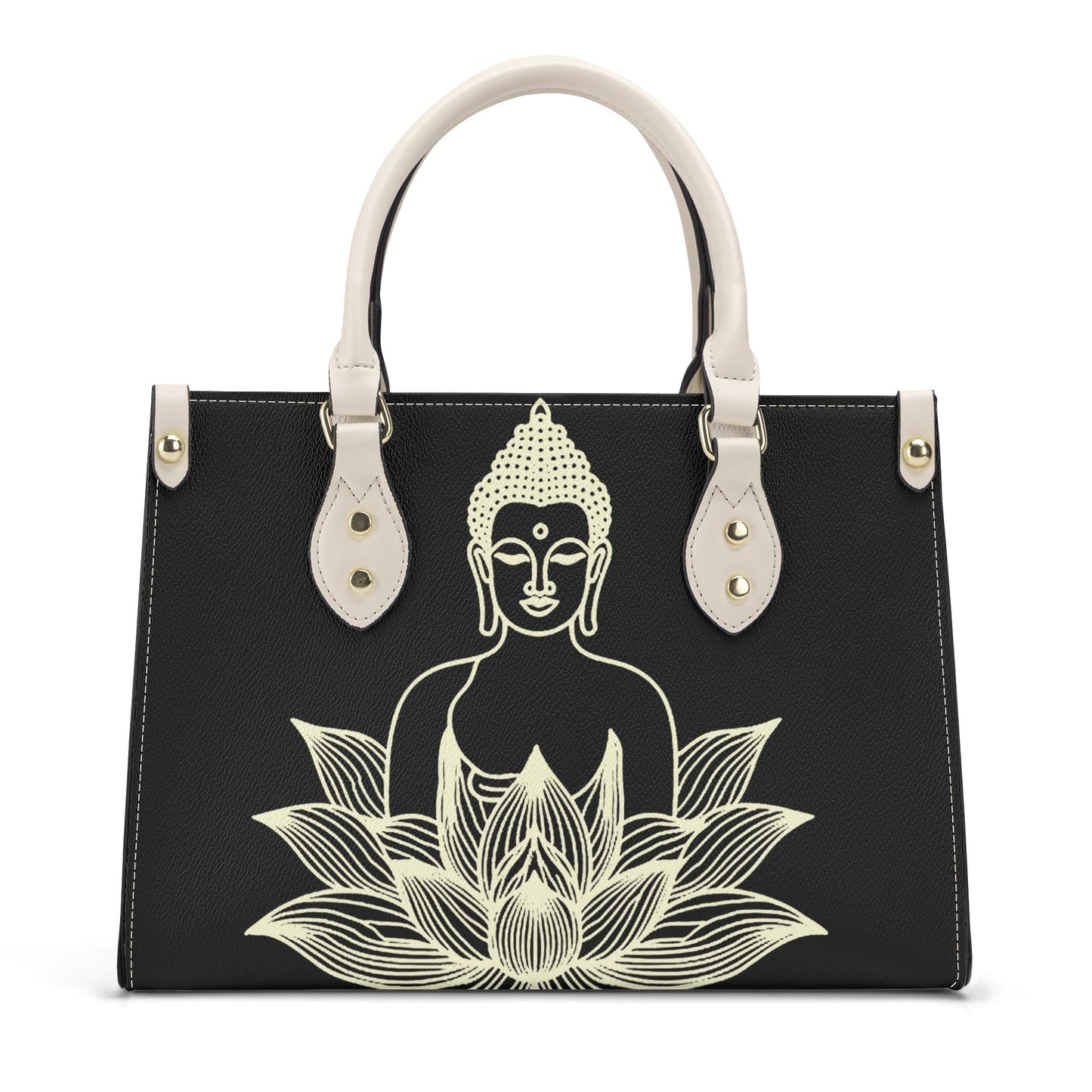 Golden Buddha Elegance: Black PU Leather Handbag