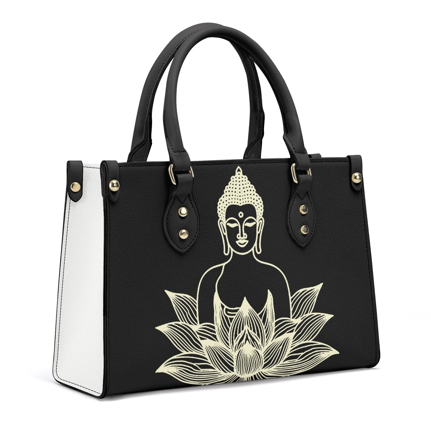 Golden Buddha Elegance: Black PU Leather Handbag