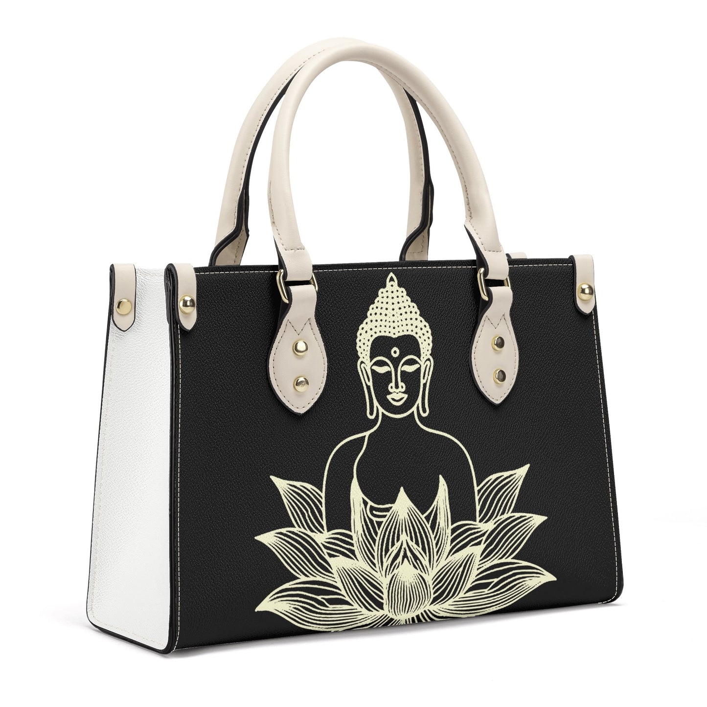 Golden Buddha Elegance: Black PU Leather Handbag