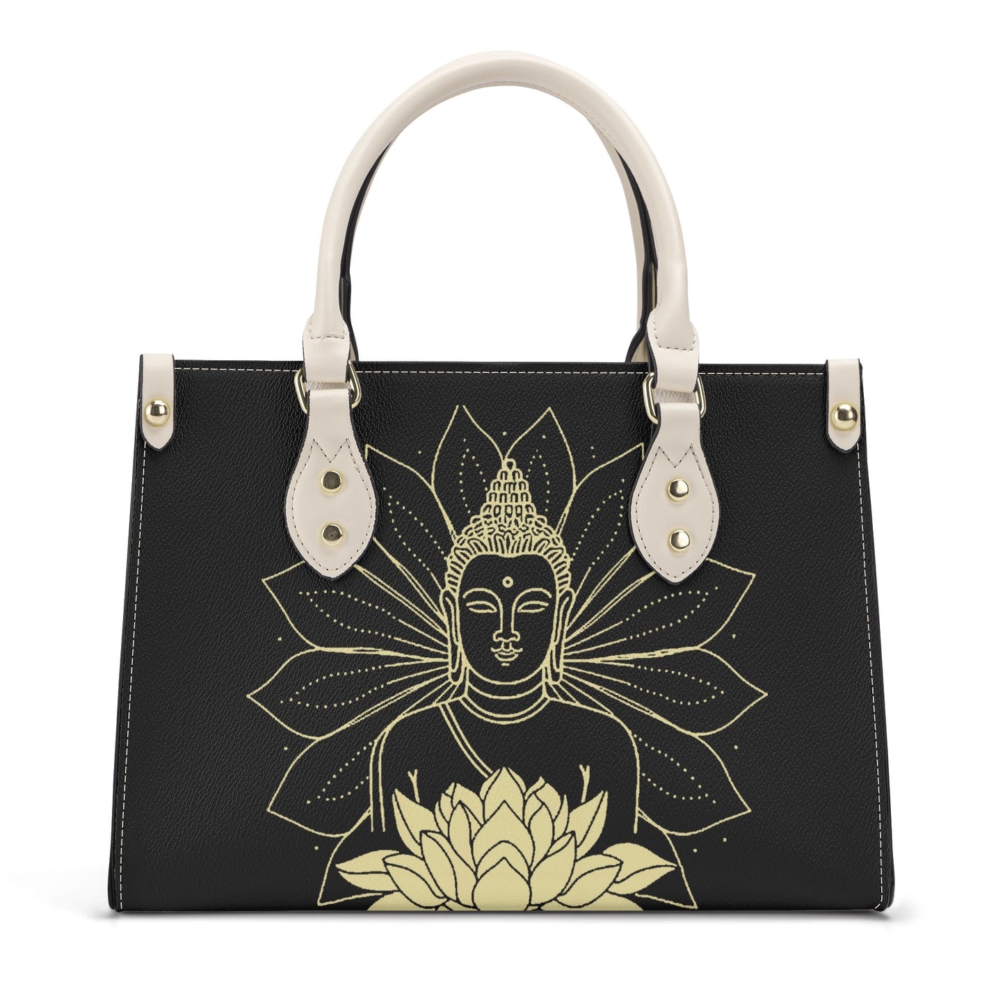 Golden Radiance Buddha: Black PU Leather Handbag