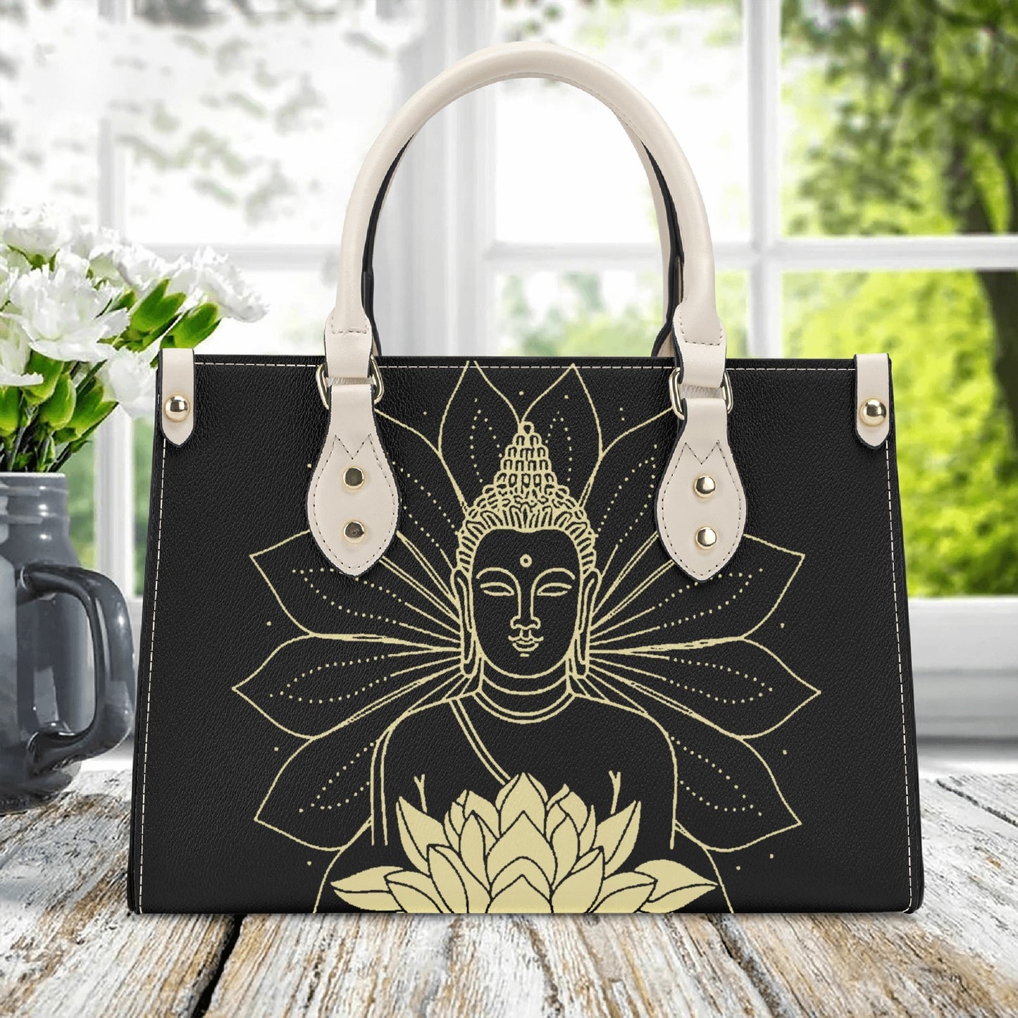 Golden Radiance Buddha: Black PU Leather Handbag