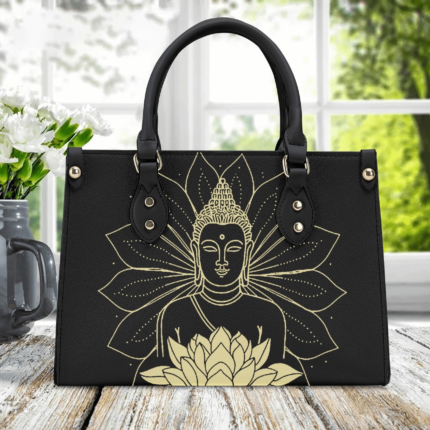 Golden Radiance Buddha: Black PU Leather Handbag