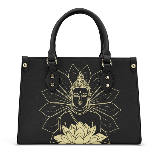 Golden Radiance Buddha: Black PU Leather Handbag