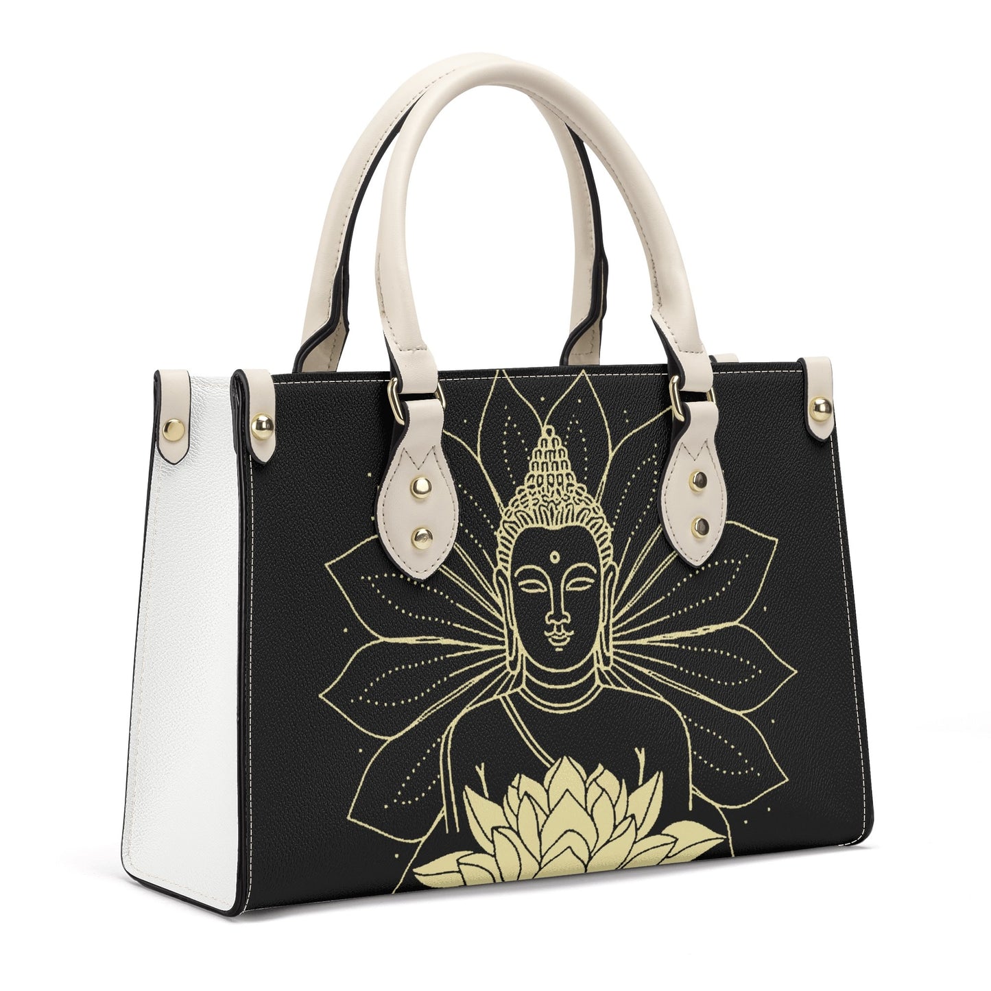 Golden Radiance Buddha: Black PU Leather Handbag