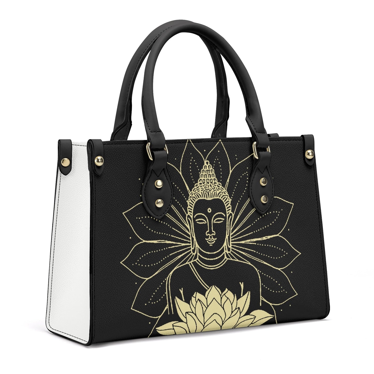 Golden Radiance Buddha: Black PU Leather Handbag