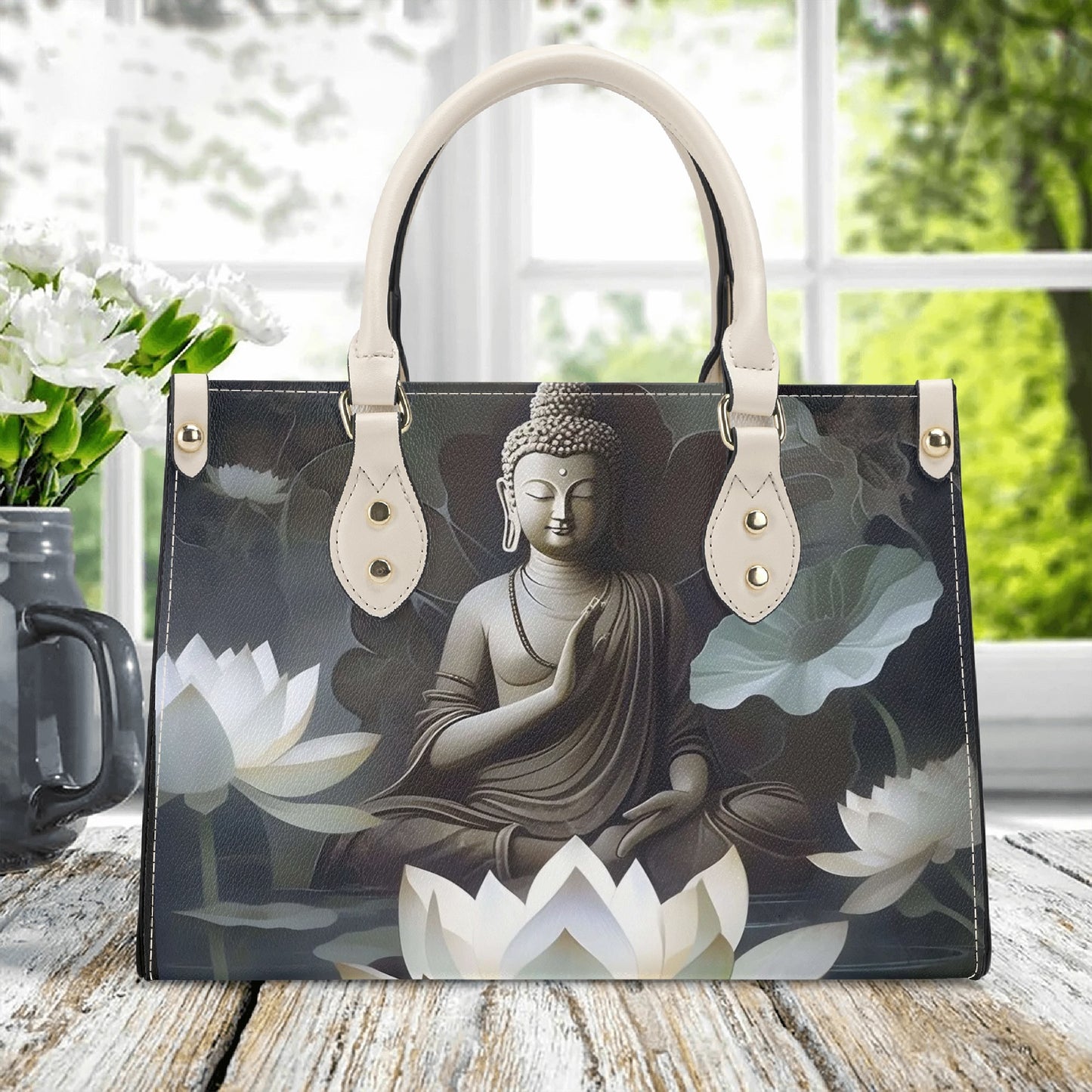 Cloud Buddha Harmony: Black PU Leather Handbag