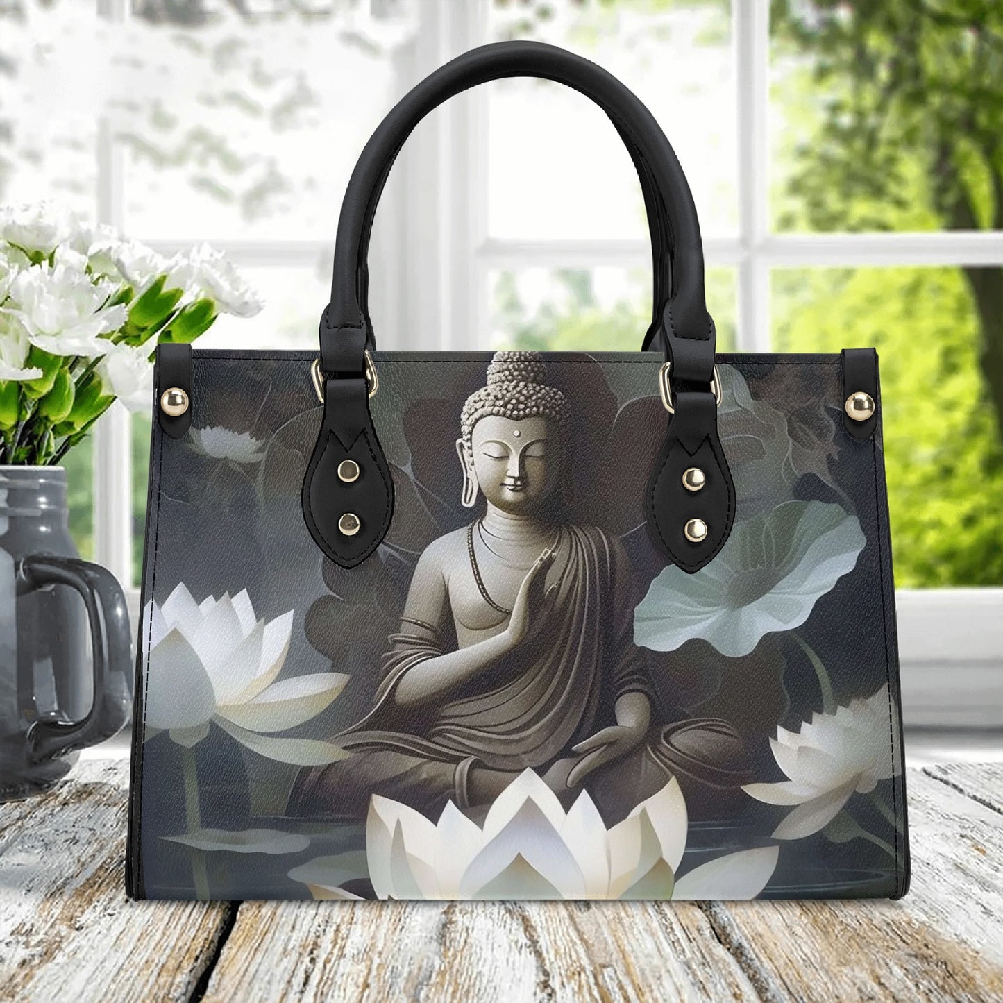 Cloud Buddha Harmony: Black PU Leather Handbag