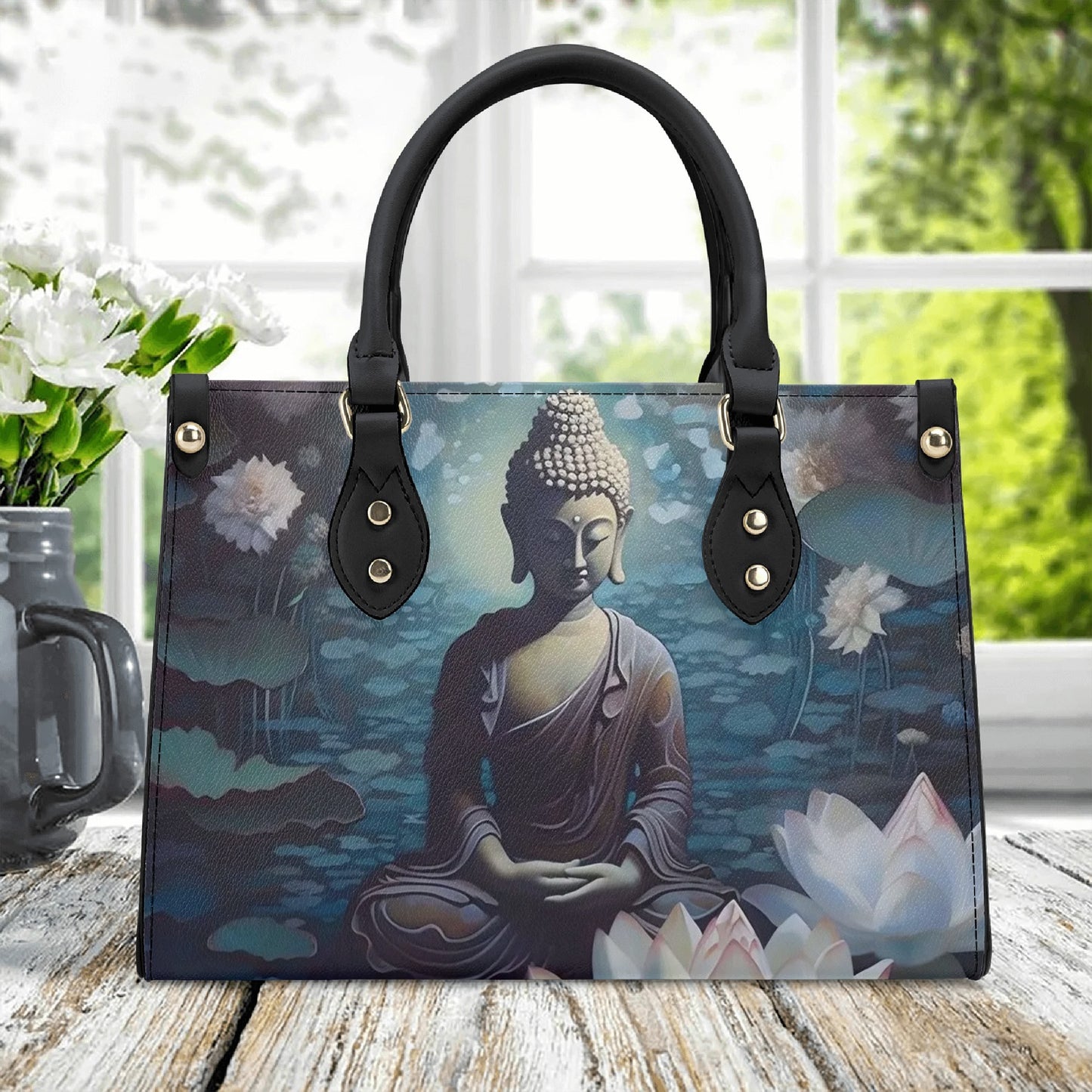 “Buddha-Inspired Elegance: Faux Leather Handbag”