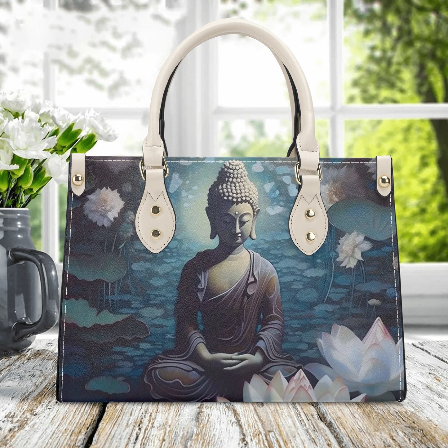 “Buddha-Inspired Elegance: Faux Leather Handbag”