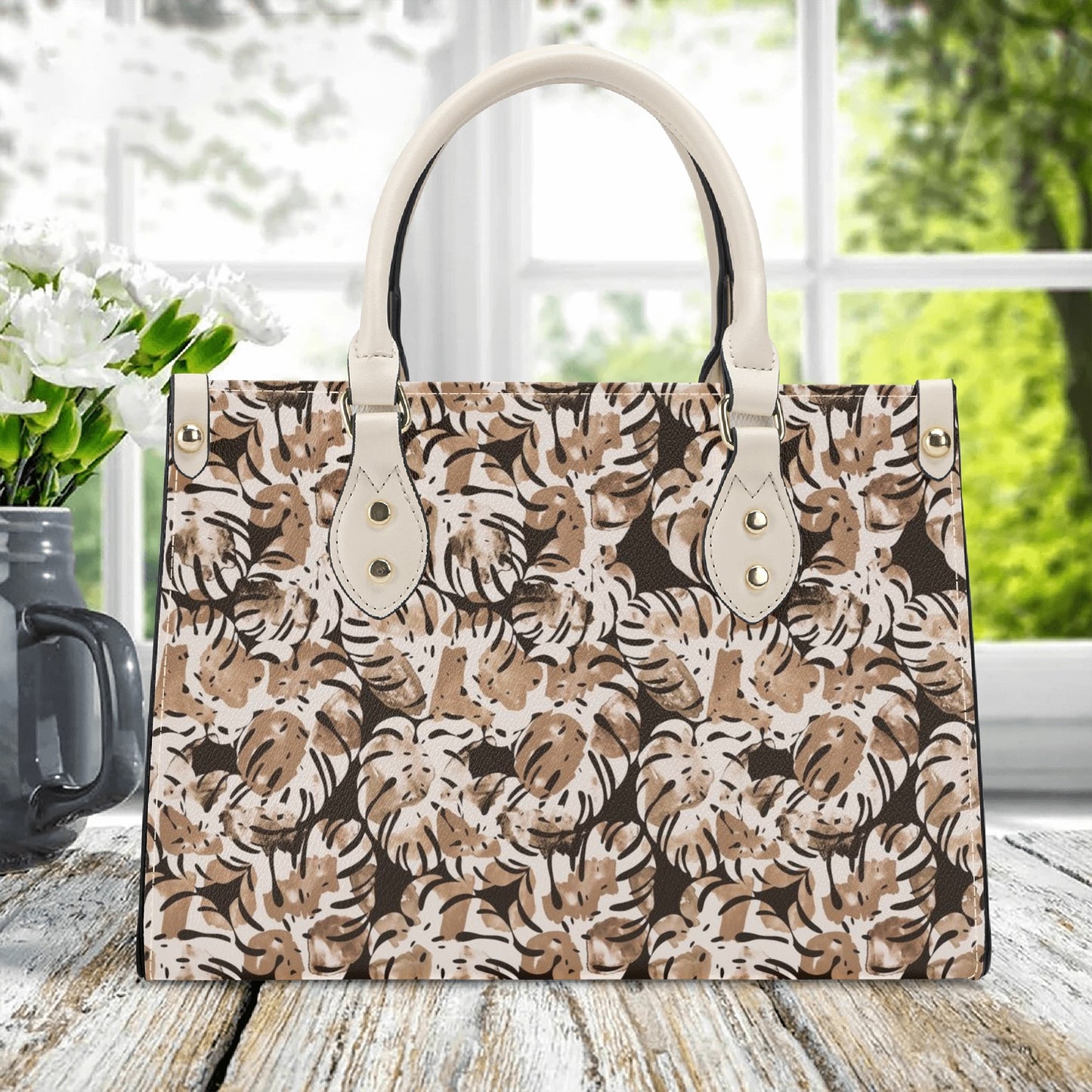 Brown Leaves Pattern Luxury Women PU Handbag