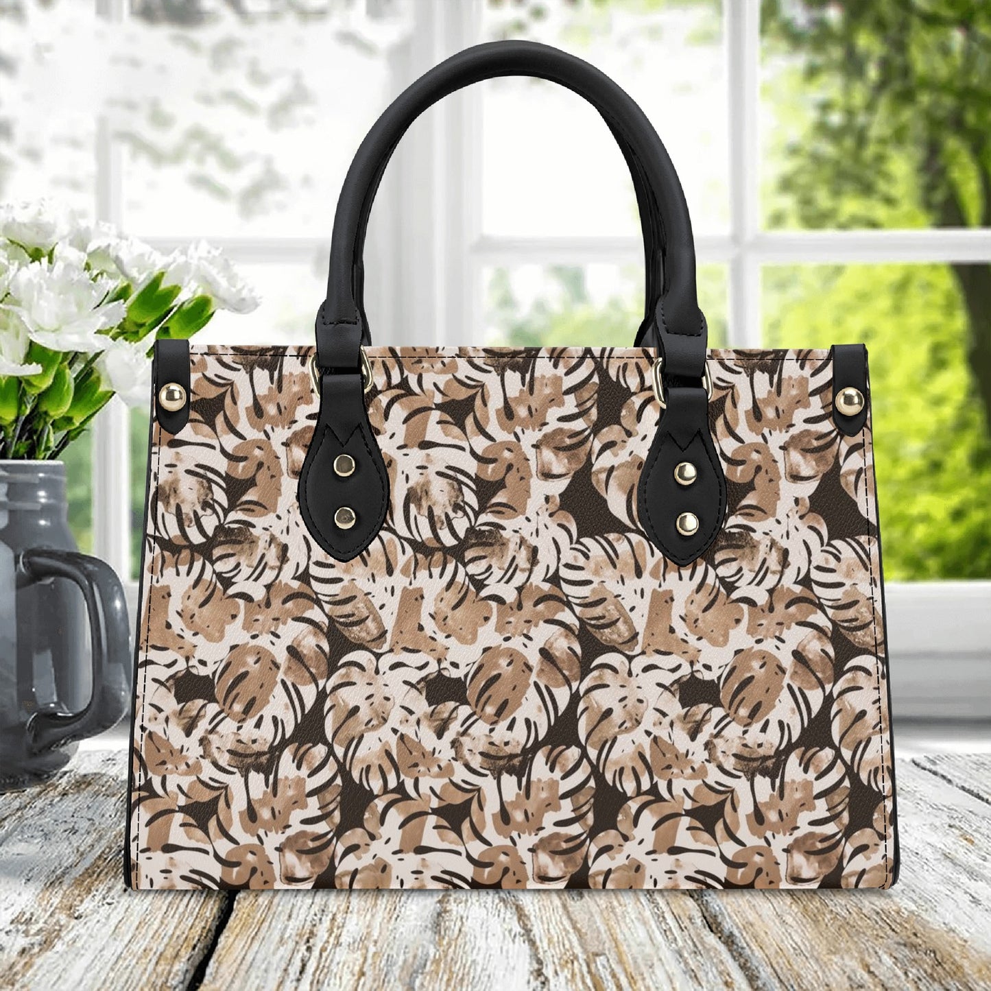 Brown Leaves Pattern Luxury Women PU Handbag