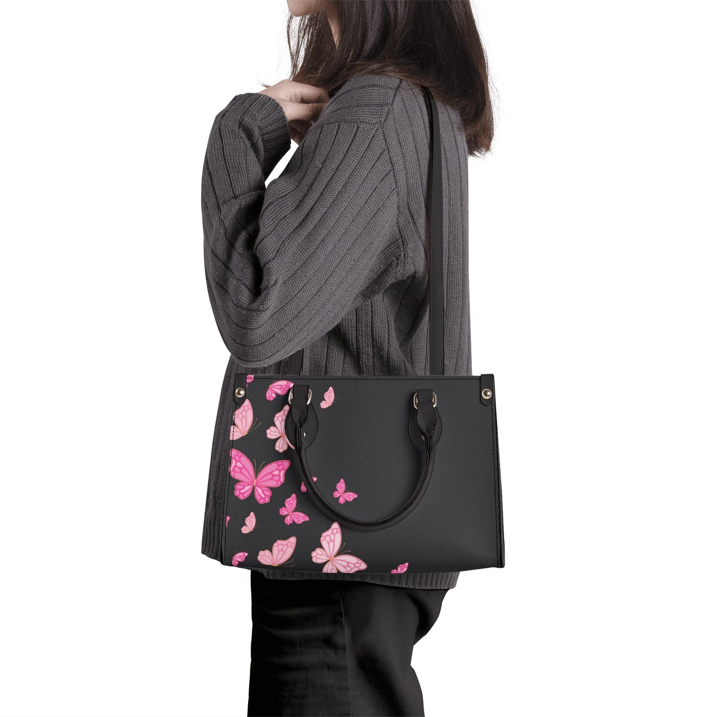 Black Pinky Butterflies Luxury Women PU Handbag