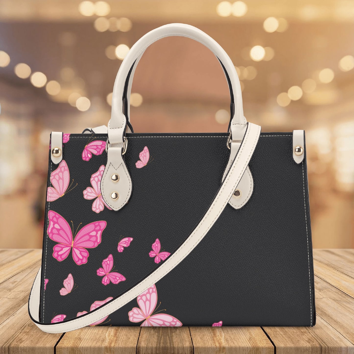 Black Pinky Butterflies Luxury Women PU Handbag