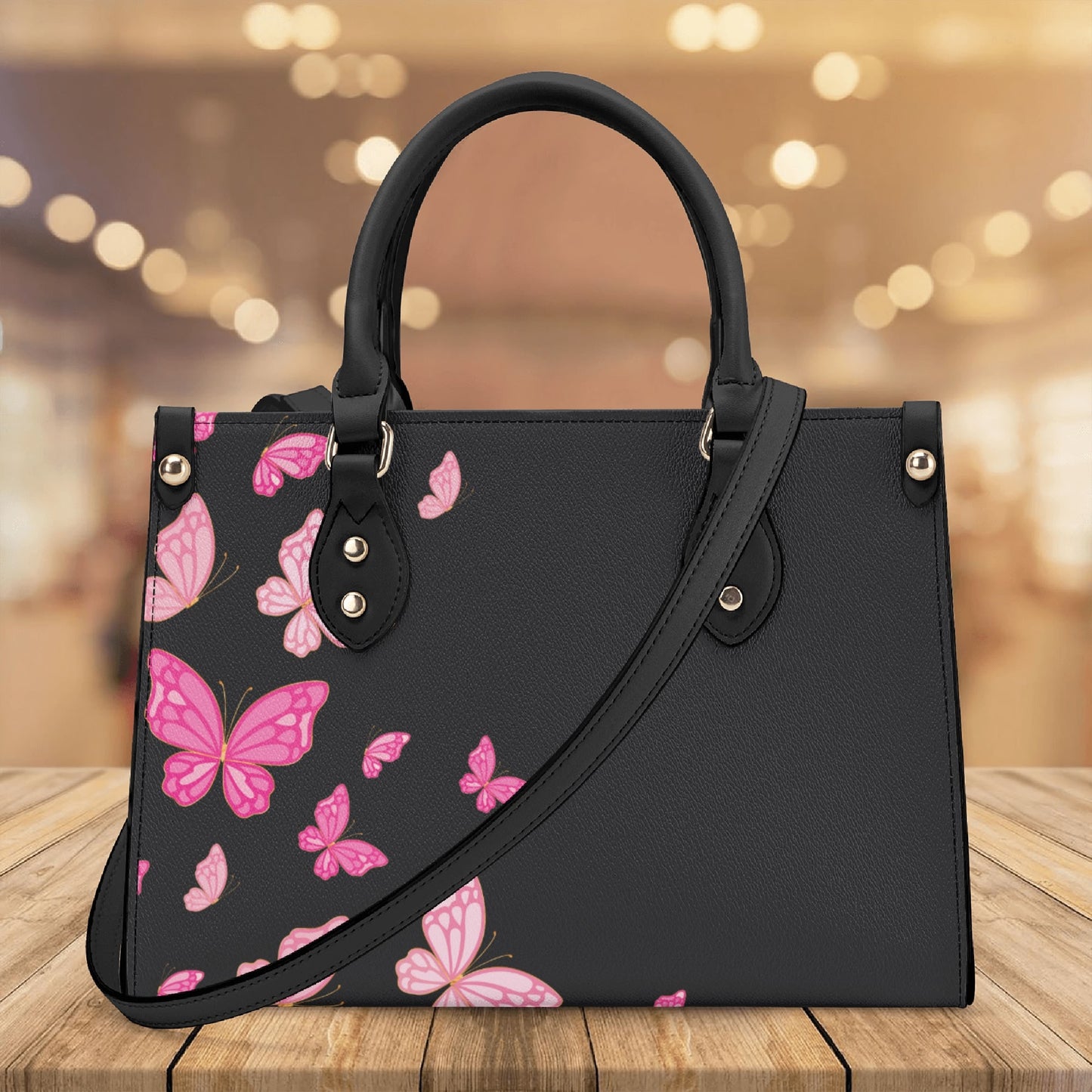 Black Pinky Butterflies Luxury Women PU Handbag