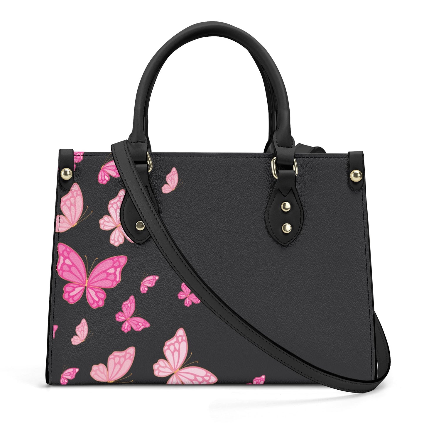 Black Pinky Butterflies Luxury Women PU Handbag