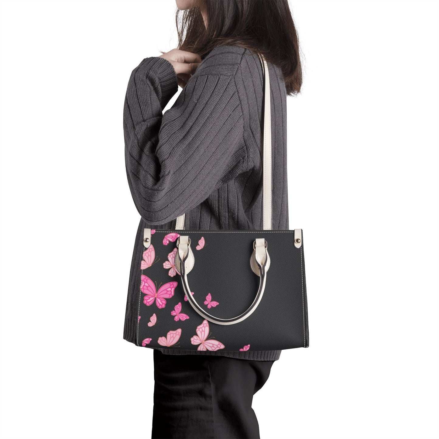 Black Pinky Butterflies Luxury Women PU Handbag