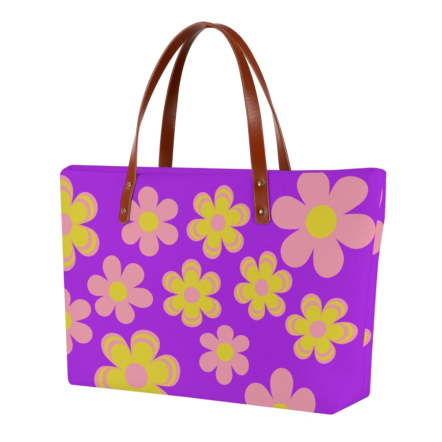 Purple Flower Power Tote Bag with Brown Leather Straps