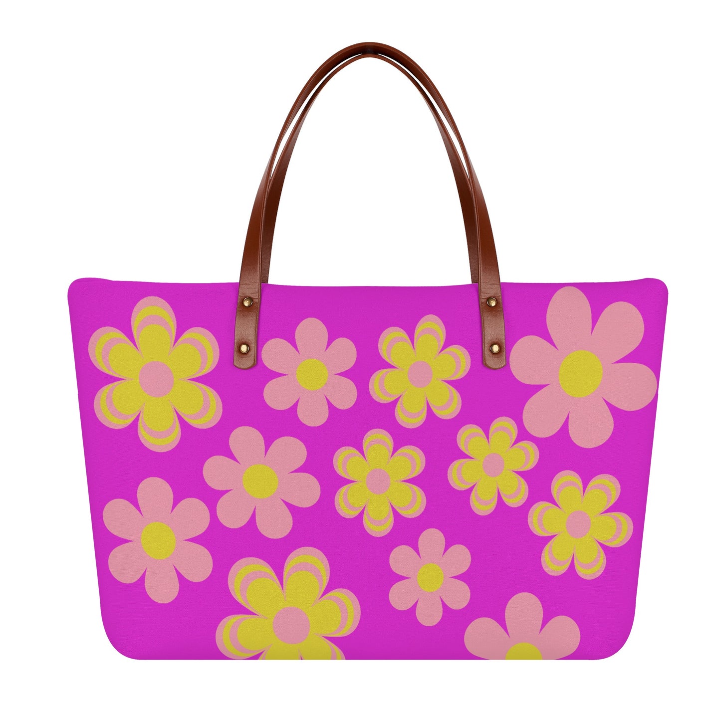 Purple Flower Power Tote Bag with Brown Leather Straps