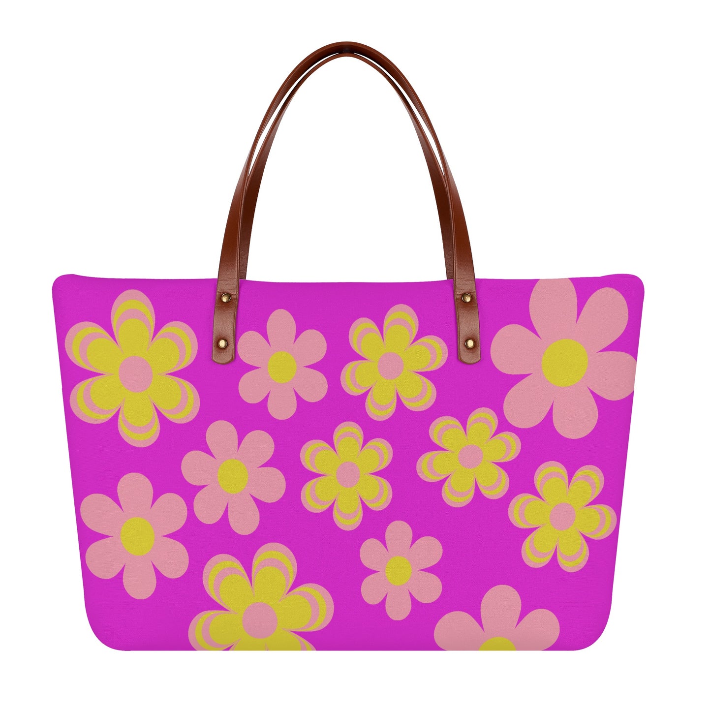 Purple Flower Power Tote Bag with Brown Leather Straps