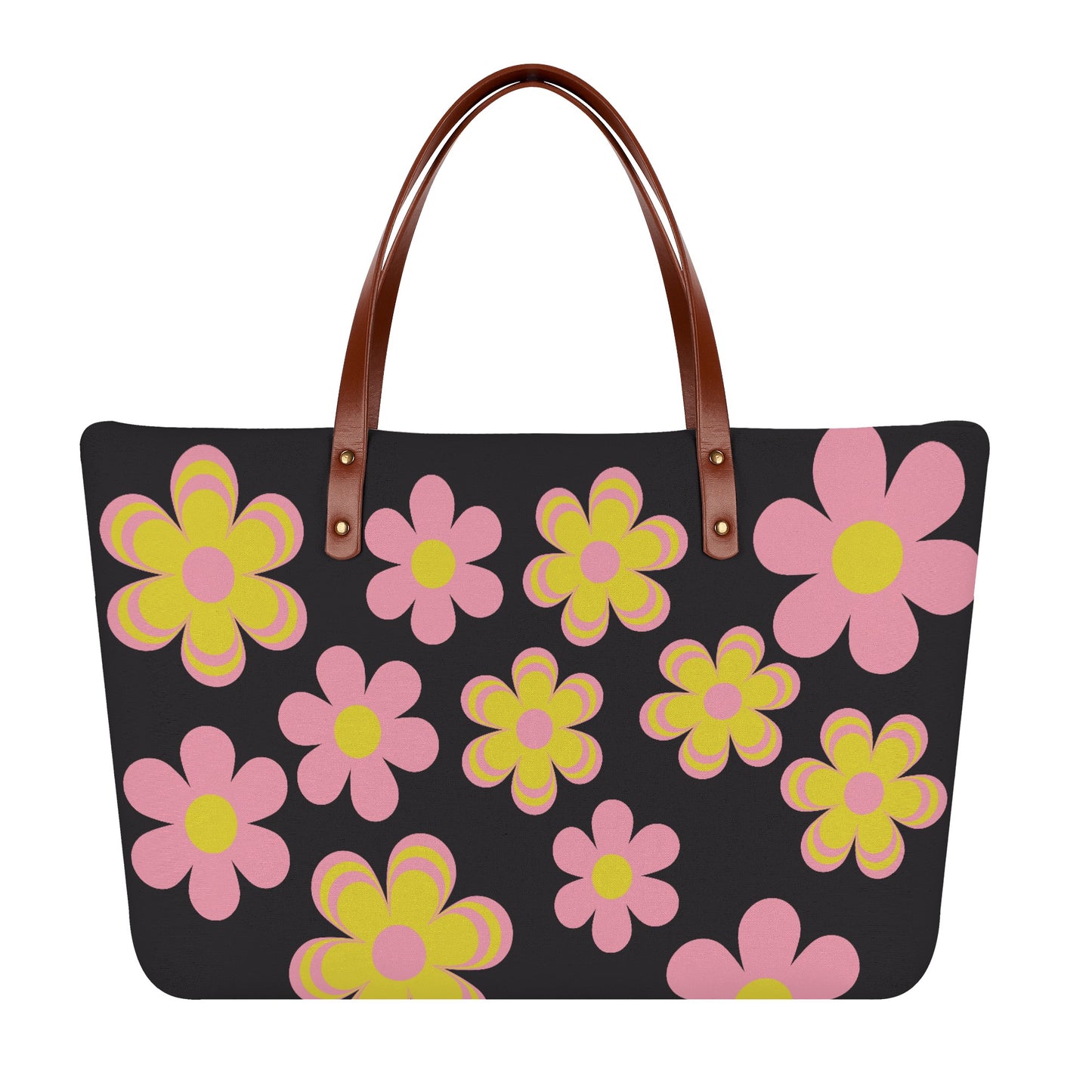 Purple Flower Power Tote Bag with Brown Leather Straps