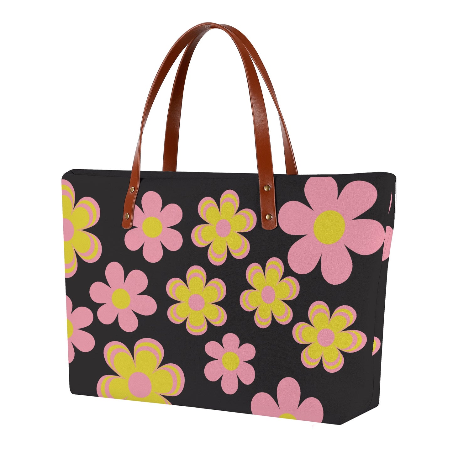 Purple Flower Power Tote Bag with Brown Leather Straps