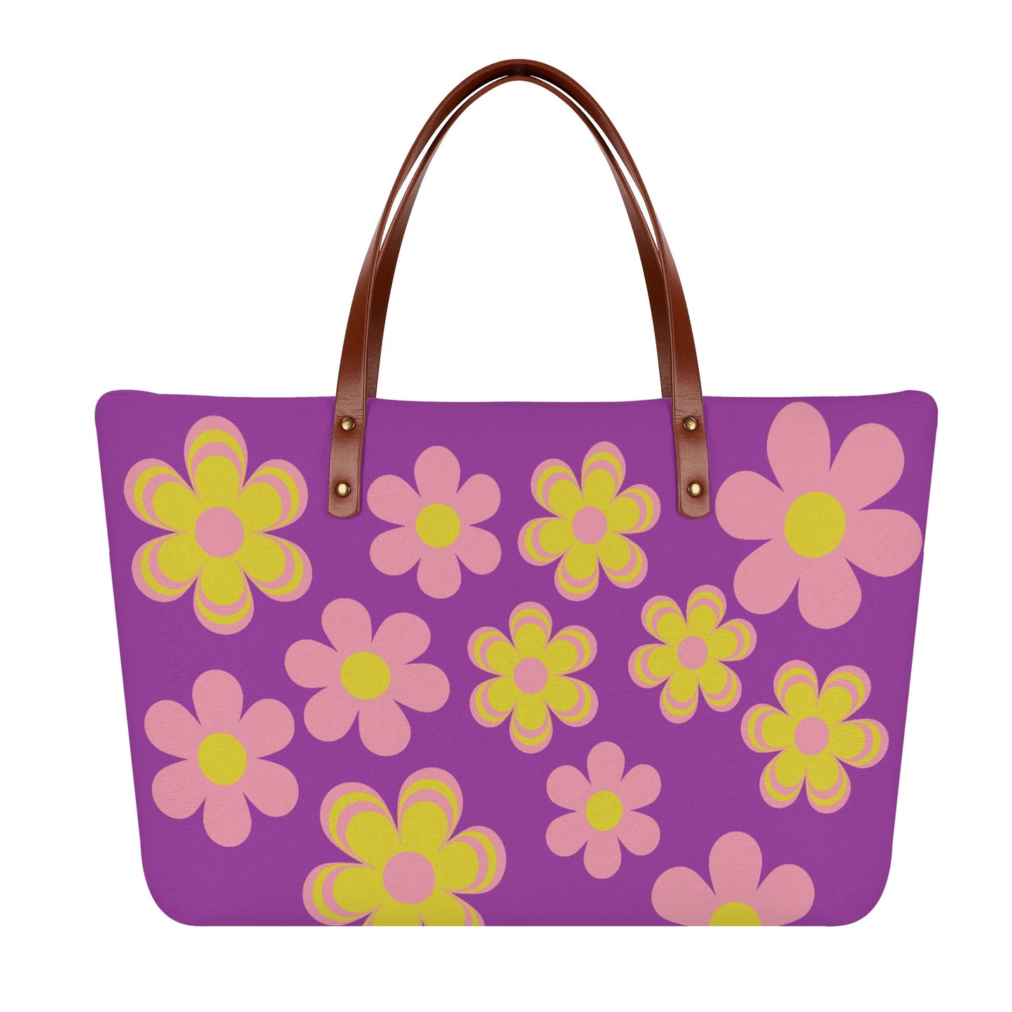 Purple Flower Power Tote Bag with Brown Leather Straps